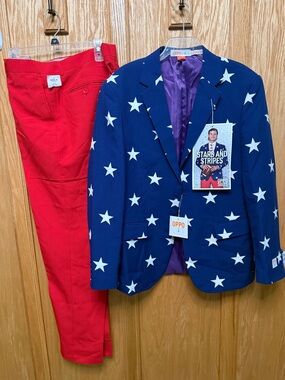 OppoSuits Blue Star-Print Blazer with Red Pants

H